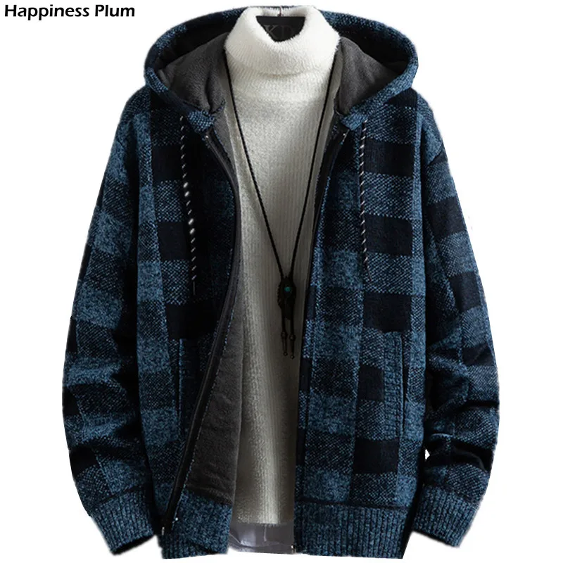 

Men's New Autumn Winter Plaid Casual Hooded Cardigan Cashmere Thickening Warm Sweater Male Zipper Add Wool Knit Jacket Coat