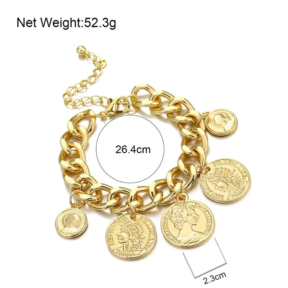 

AENSOA Gold Color Punk Chain Coins Bracelet Retro Jewelry Female Personality Portrait Geometric Women Bracelets HipHop 2021 Gift