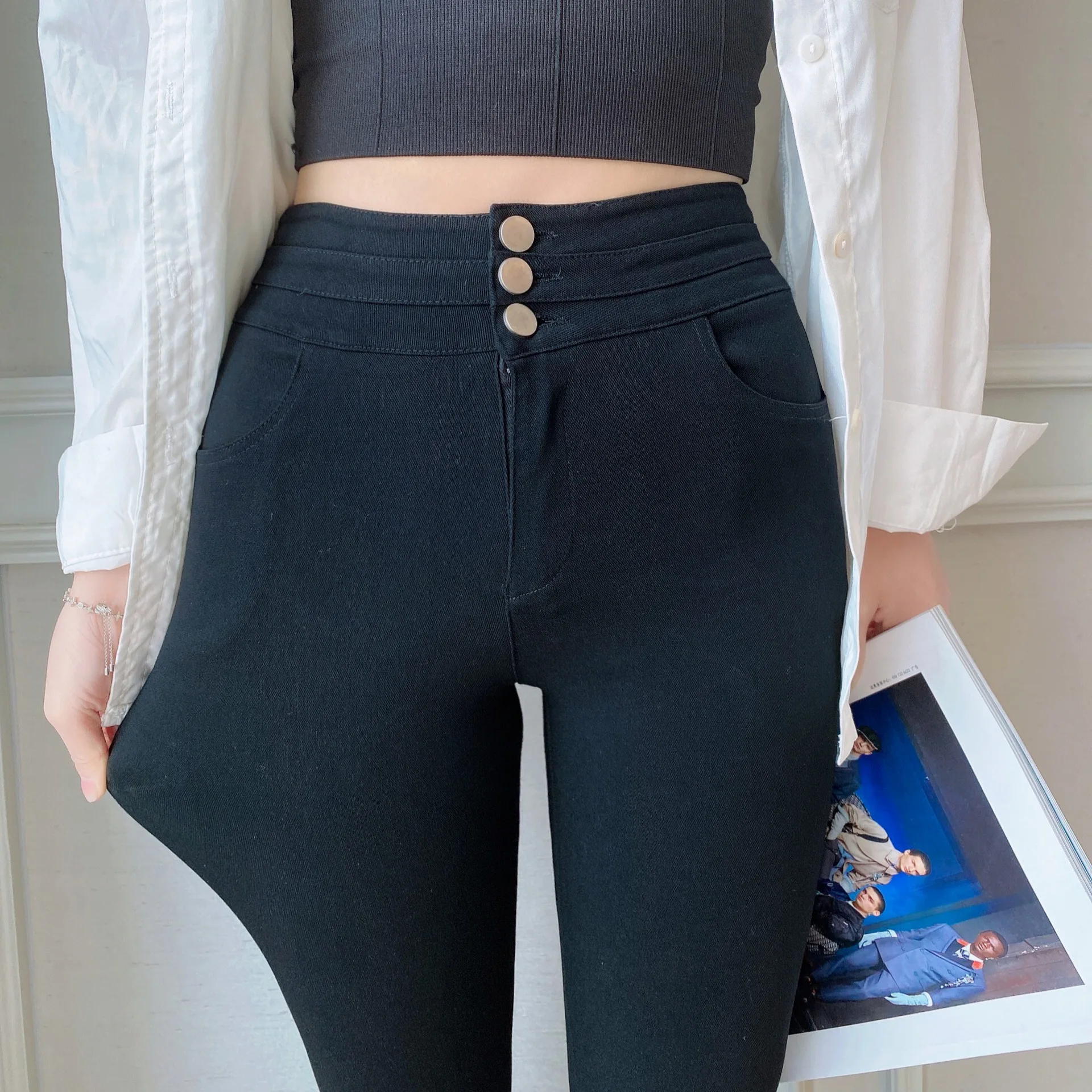 

Leggings de cintura alta das mulheres calças de lápis empilhadas de estiramento magro casual com zíper joggers preto leggings co