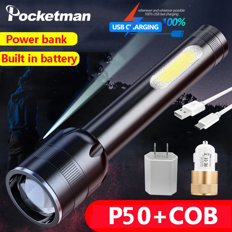 

Светодиодный фонарик XHP50 + COB с телескопическим зумом, фонарик со встроенным аккумулятором и дисплеем мощности, фонарик с внешним аккумулято...