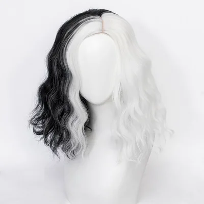 

Cruella de Vil White Mixed Black Wig for Deville Hair Heat Resistant Cosplay Costume Wigs + free Wig Cap