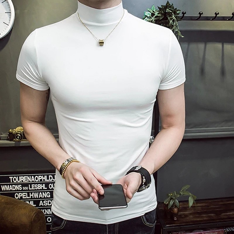 

Autumn Fashion Men's Turtleneck Slim T-shirt Solid Color Elasticity Skinny Sports Casual Shirt Muscular Men Fitness Wear T-shirt