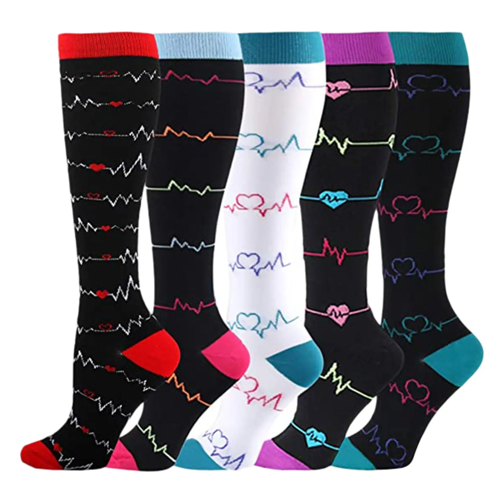 

5 Pairs Dropshipping Women Fashion Harajuku Print Socks Wide Calf Compression Sports Socks Running Athletic Superelastic Socks