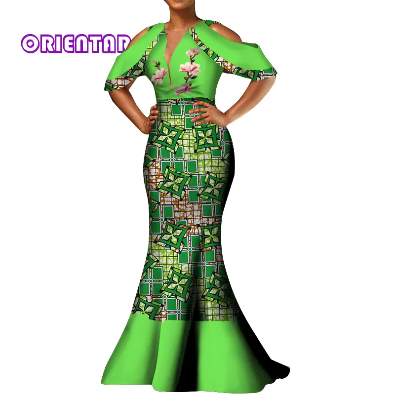 Женское платье в африканском стиле с вощеным принтом глубоким V-образным вырезом