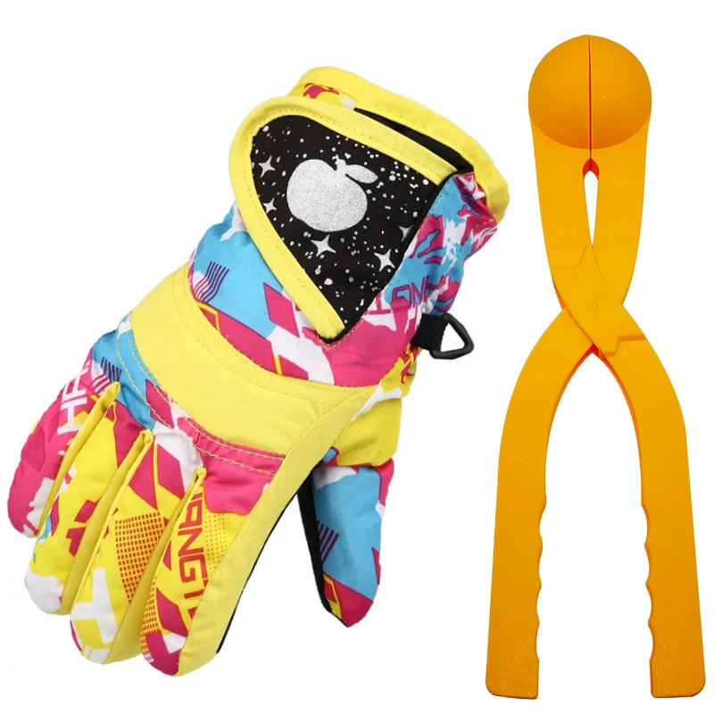 yellow and clip Kufun перчатки для катания на лыжах Зимние спортивные перчатки для детей Детские теплые водонепроницаемые ветрозащитные перчатки для лыжного спорта - Цвет: yellow and clip