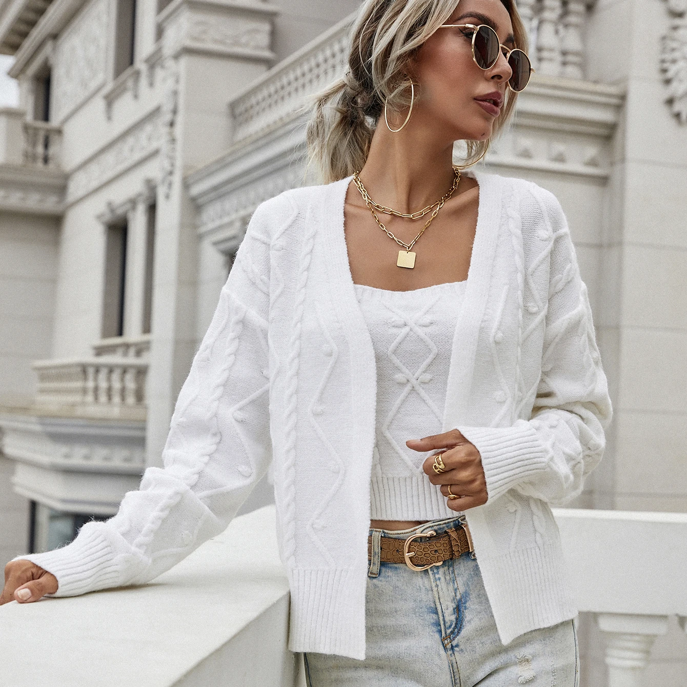 

Two-piece Suit Autumn And Winter Cardigan Knitted Sweater Women Long-sleeve Single Breasted Loose Coat With Suspenders Two-piece