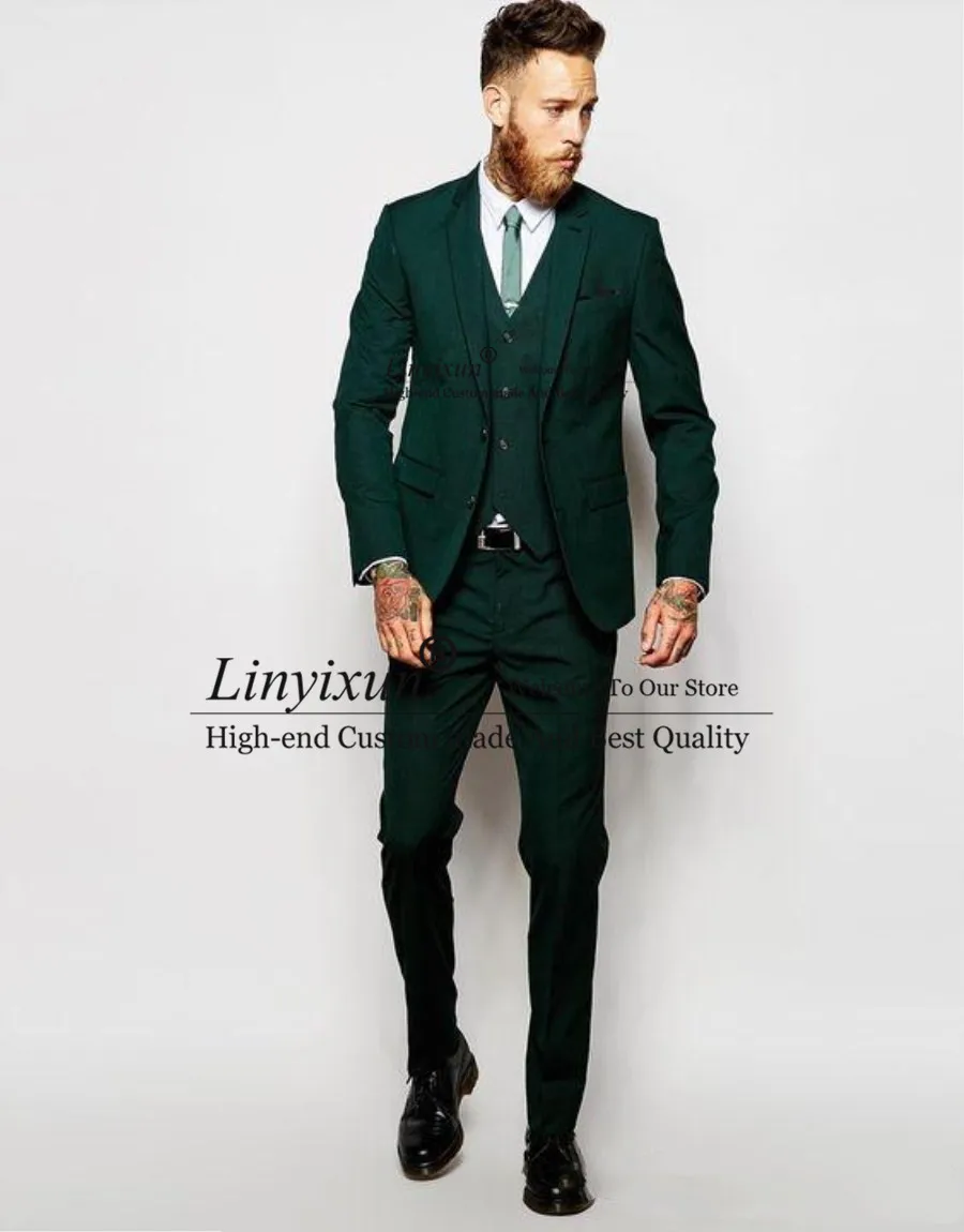 Зеленый формальный костюм для жениха Мужская одежда из трех предметов с отделкой