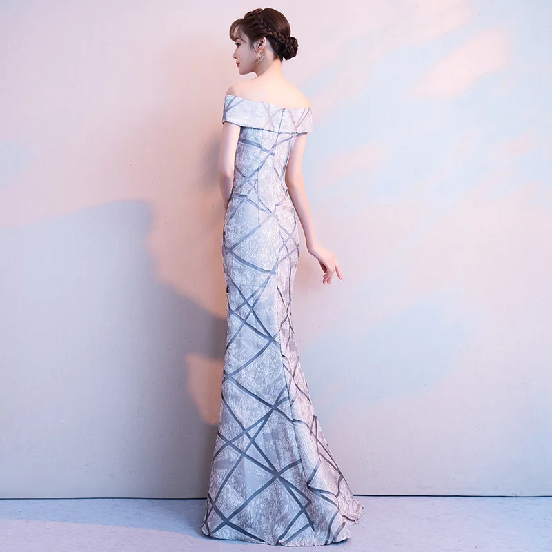 

Female Gray Elegant Off Shoulder Banquet Gown Exquisite Long Formal Party Dress Sexy Slim Front Split Mermaid Dresses S-3XL