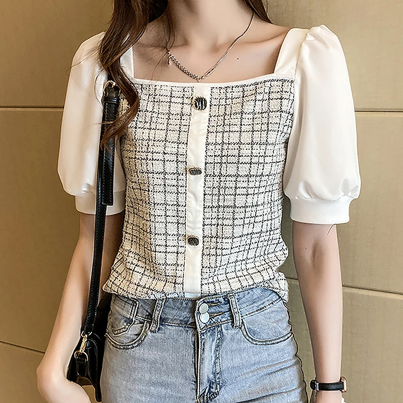 

Shintimes Plaid Thin Puff Sleeve Short Women Blouse 2021 Summer Tops Korean Fashion Button Vintage Square Collar Womens Shirts