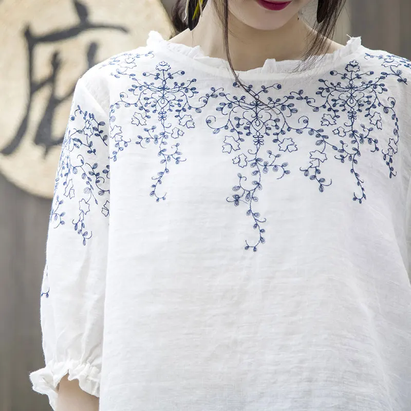 

Summer Style Women Tshirt Plus Size Half Sleeve Loose Vintage Embroidery Tee Shirt Femme Cotton Linen Tshirts Big Tops MGZ2