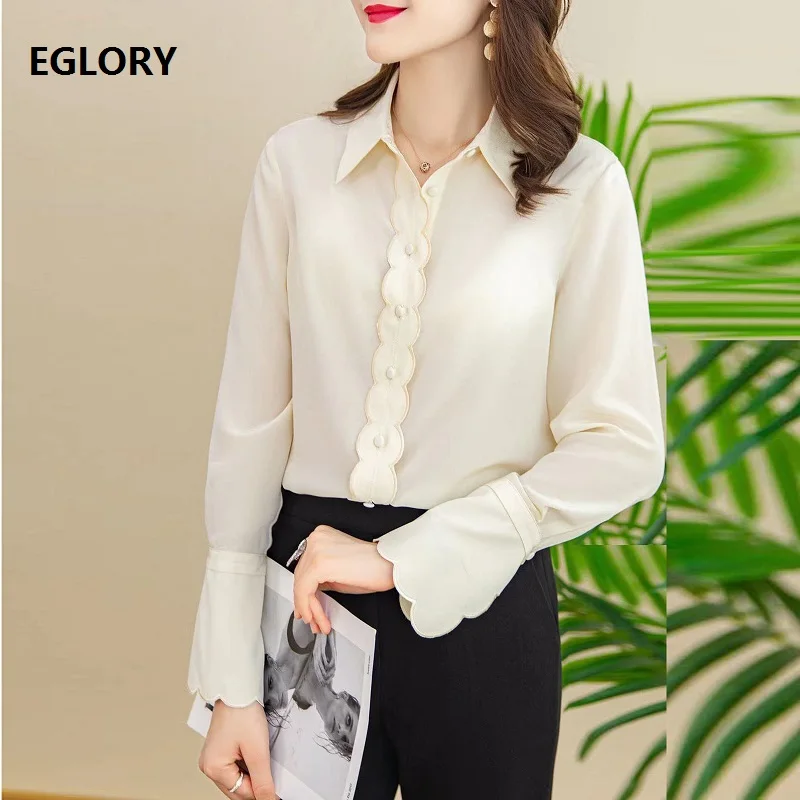 

Tops Fashion Designer Blouse Shirt 2021 Spring Summer Apricot Pink Shirt Women Turn-down Collar Lurex Embroidery Silk Shirts OL