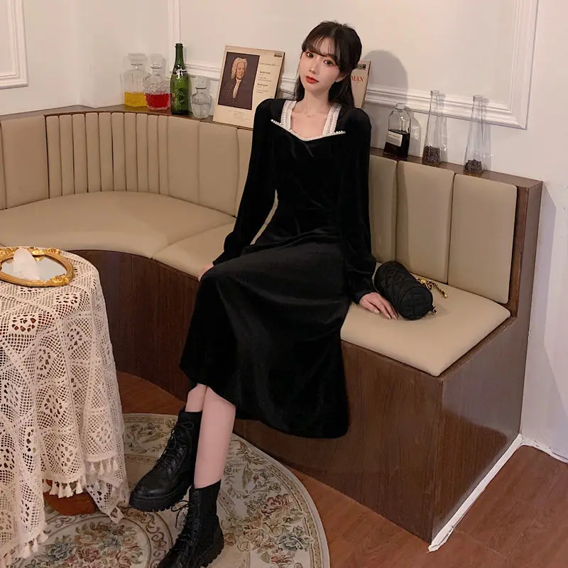 

Black Gothic Dress Women Square Collar Party Vintage Dress Female Autumn 2020 Elegant Long Sleeve Beads One-Piece Dress Korean
