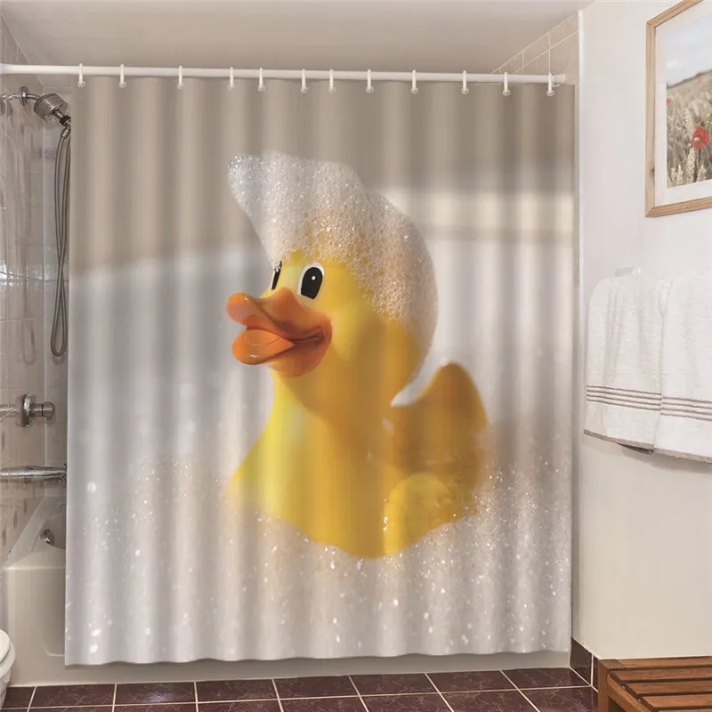 

3d Cute Yellow Duck Bathroom Curtains For Kid Home Decorative Waterproof Blackout Screen Landscape Shower Curtain With Hooks