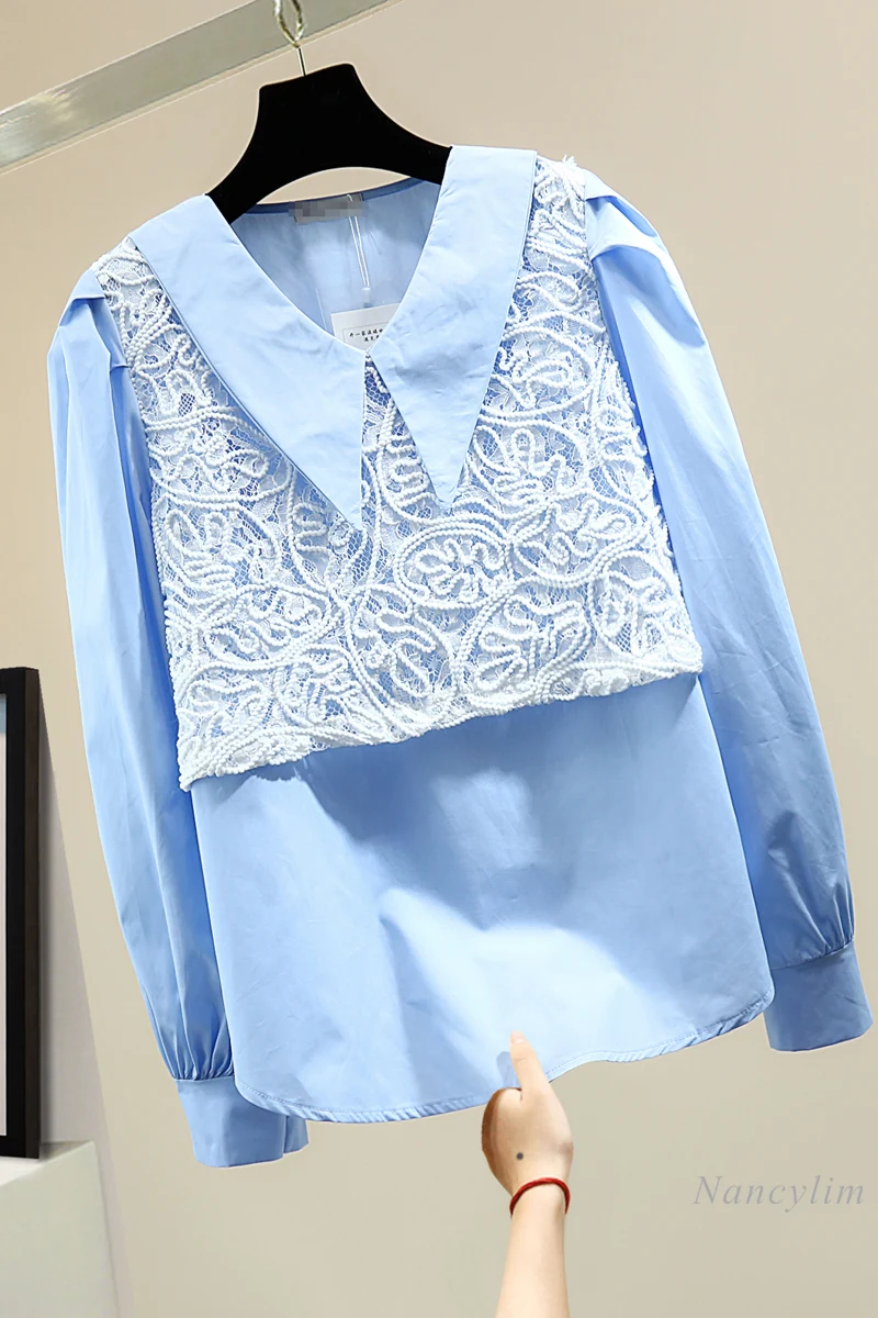 

Lace Stitching Shirt Lady 2021 Spring Korean Style Loose Temperament Women's Blouse Long Sleeve Pullover Top Blue White
