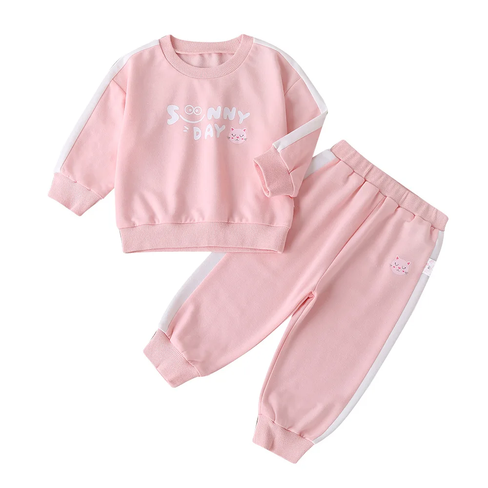 

2020 Winter Children Sets Casual Long Sleeve O Neck Print Letter T-shirt Pink Trousers Cute 2Pcs Girls Clothes Sets 2-6T