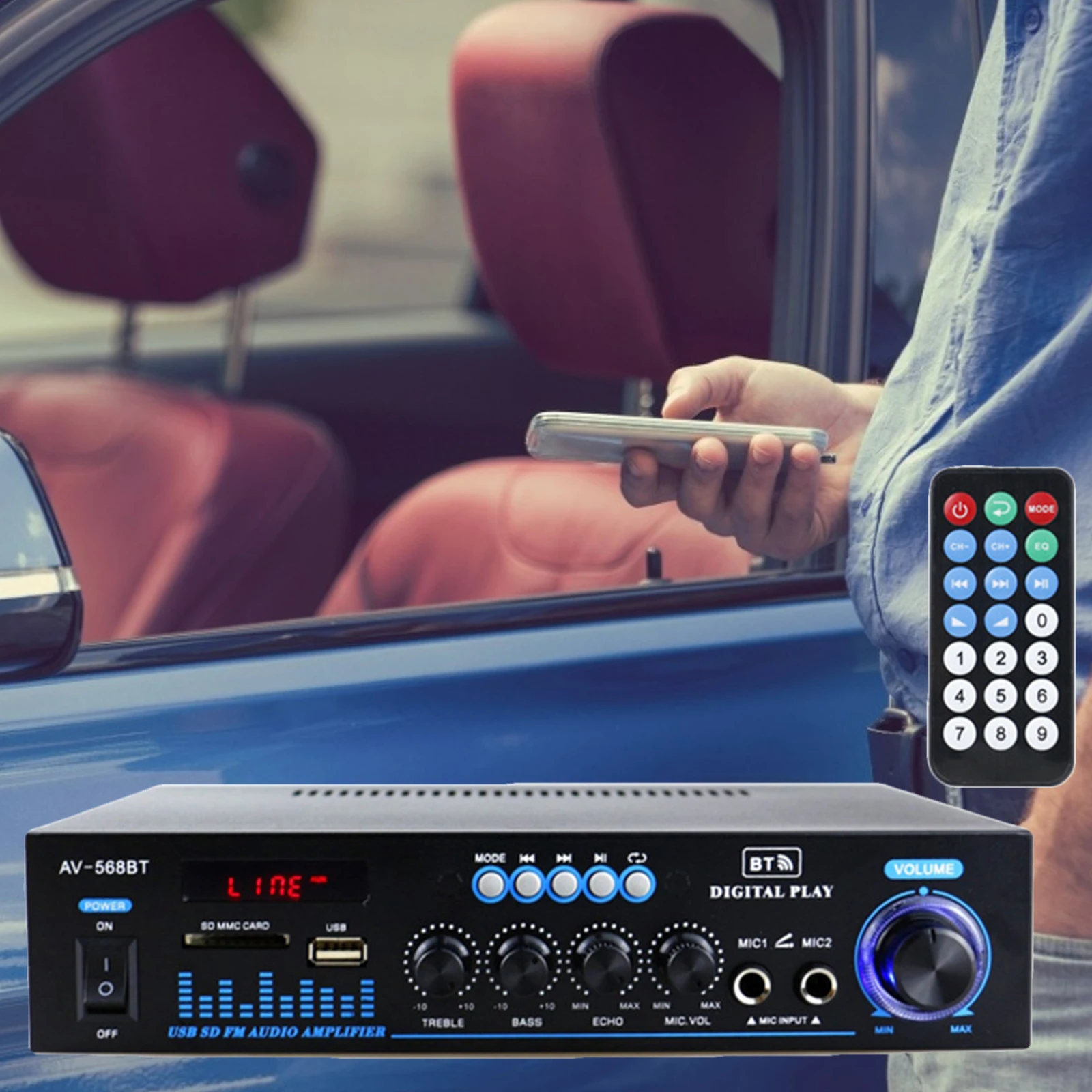 

Wireless Bluetooth Audio Amplifier, 12V 220V, Audio Stereo Receiver, with Remote Control, for Home Speakers Karaoke