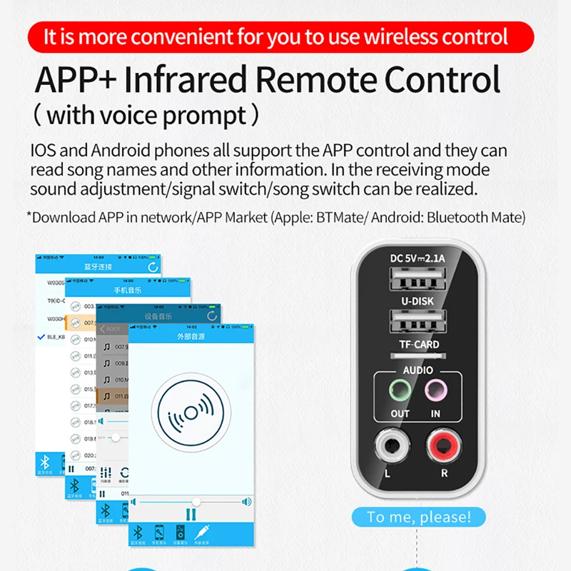 tebe 2 In 1 Bluetooth 5.0 Receiver Transmitter 3.5mm RCA Wireless Audio Adapter U Disk/TF Play Support APP Control USB Charger |