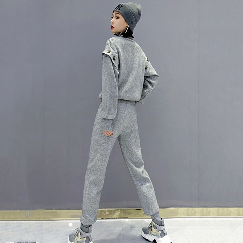 

2020 New Autumn Winter New Women Turtleneck Button Loose Knitted Pullover Sweater Pants Comfortable Warm Casual Set TZ616