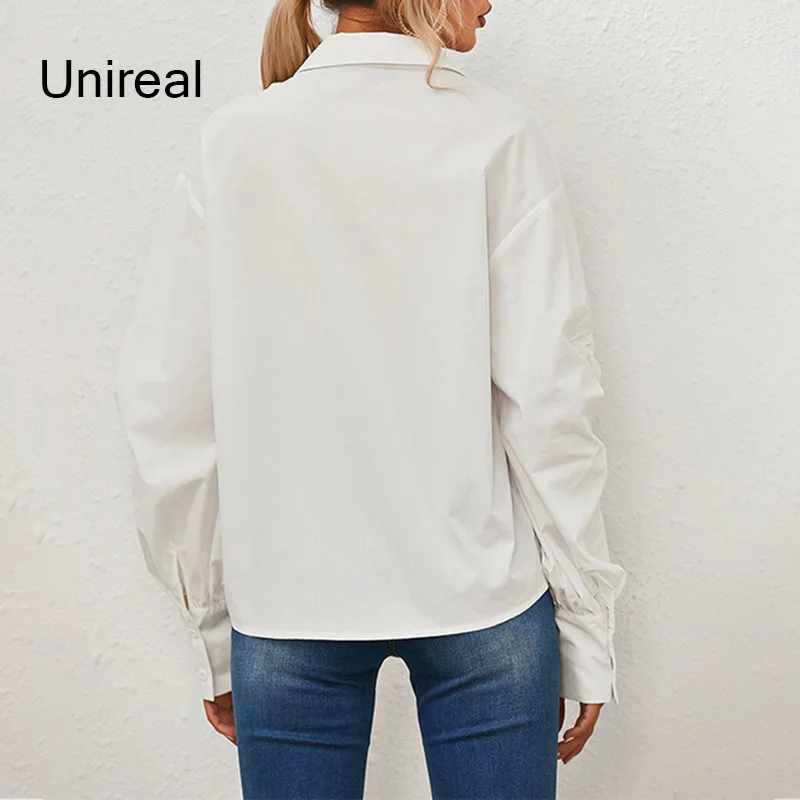 

Unireal 2021 Summer Women White Shirt Long Sleeve Loose Casual Draped Female Blouse Tops