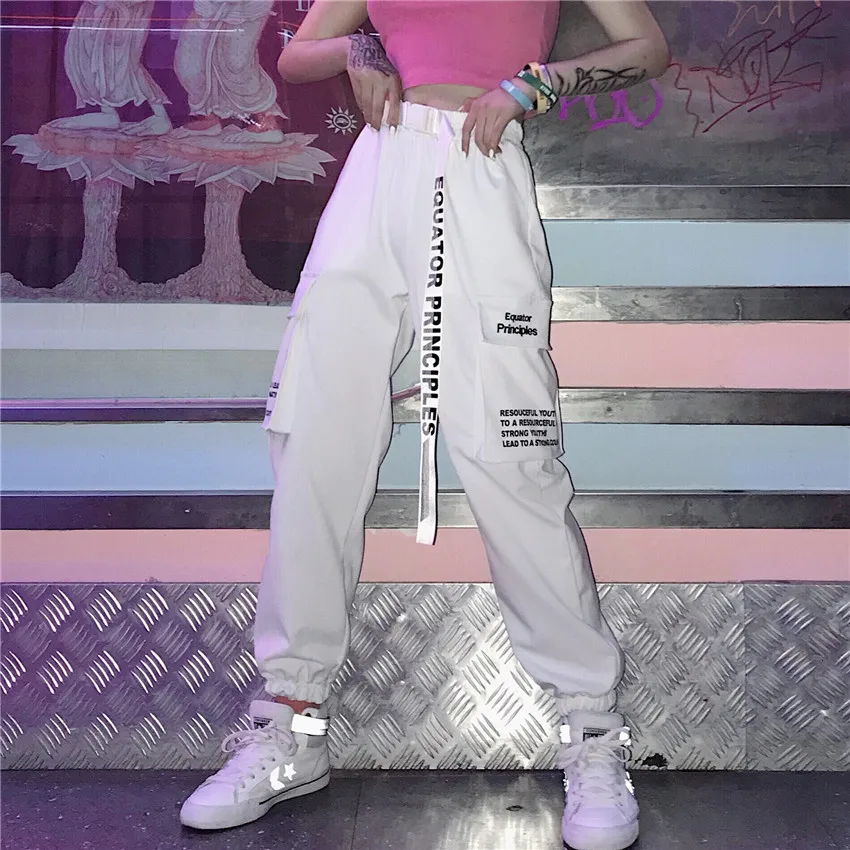 5025 белые черные узкие шаровары женские с поясом летние тонкие хип-хоп брюки с высокой талией Харадзюку уличные брюки-карго унисекс