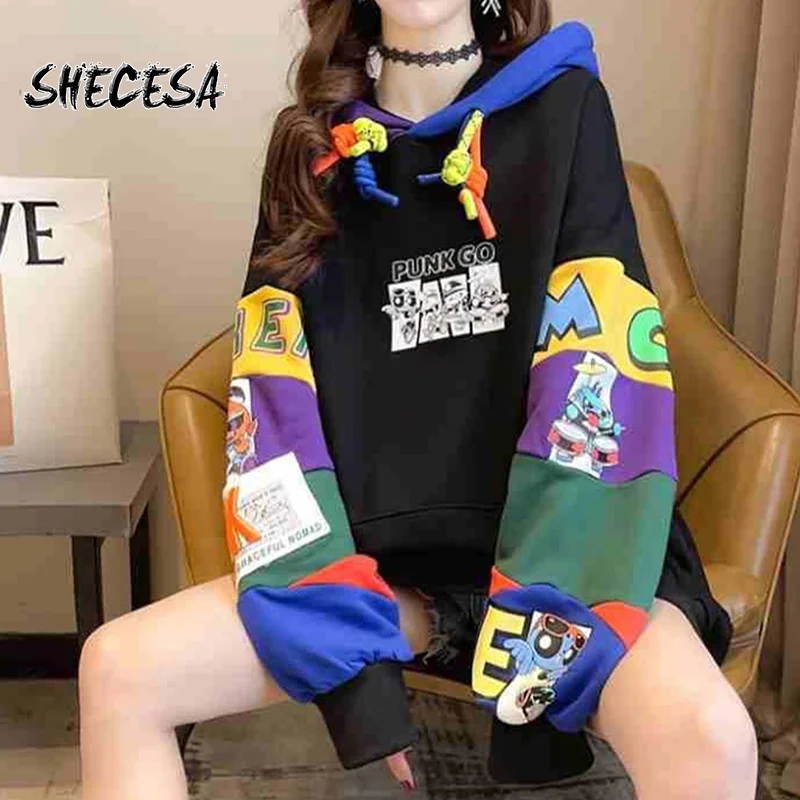 

Толстовка женская с капюшоном, приталенный пуловер с мультяшным принтом в стиле хип-хоп, милая одежда в Корейском стиле
