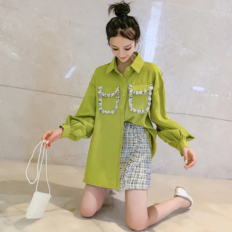 New Arrival Autumn Korea Fashion Women Two Piece Set Skirt Green Blouse+high Waist Tassel Mini Skirt Set 2 Piece Skirt Set D535