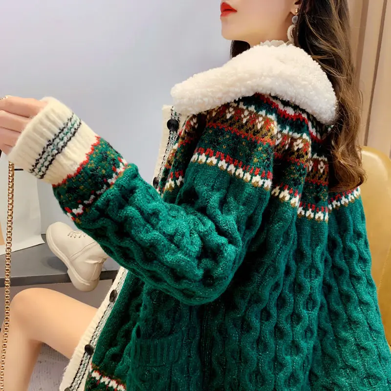 

Plush and Thickened Overcoat Women's Winter National Style Red Sweater Autumn and Winter Women's Loose Knitted Cardigan Overcoat