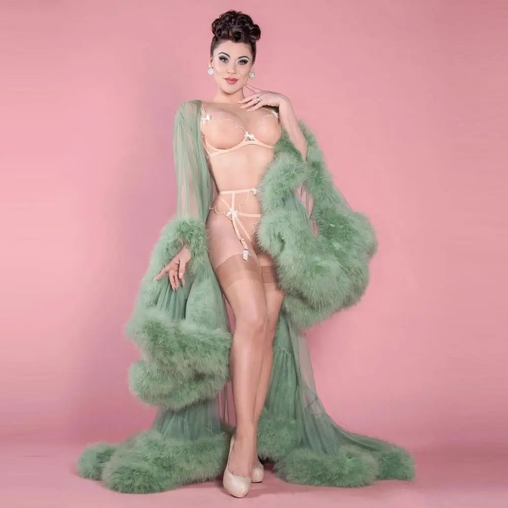 

Formal Party Sheer Dressing Gown Long Women V Neck Full Sleeves Marabou Robe Feather Evening Dresses 2021 New Dress Party