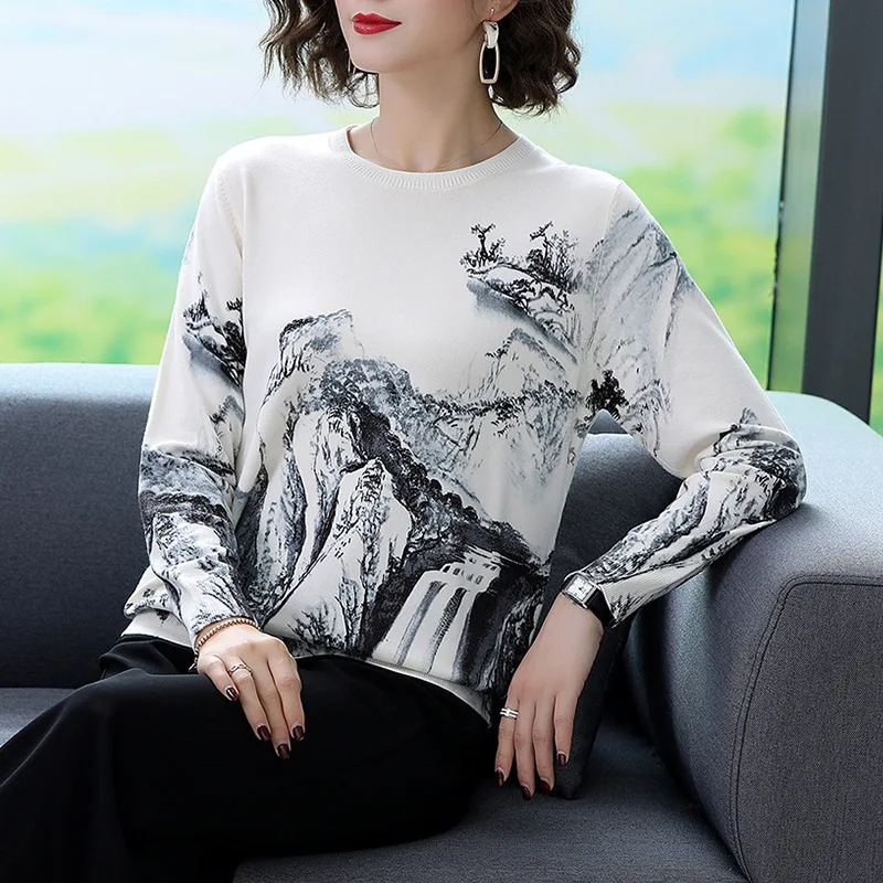 2020 new round neck Pullover loose Korean print women's sweater fashion ink landscape painting | Женская одежда