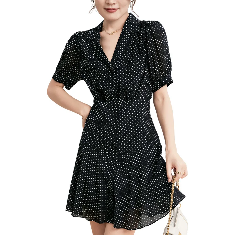 

Gezelligheid Dresses For Women 2021 New Fashion Elegant Dot Temperament Slim Luxury Suit Collar Puff Sleeve 100% Silk Midi Dress