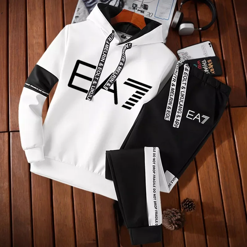 

2021 new men's hooded sports suit cotton polyester drawstring sportswear trendy fashion autumn and winter pullover suit