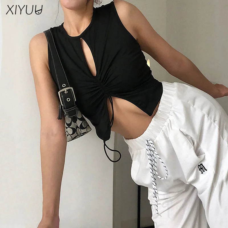 

Летняя черная облегающая Сексуальная майка XIYUU с вырезами, Женская майка с вырезом спереди и разрезом на шнурке без рукавов, Женская майка