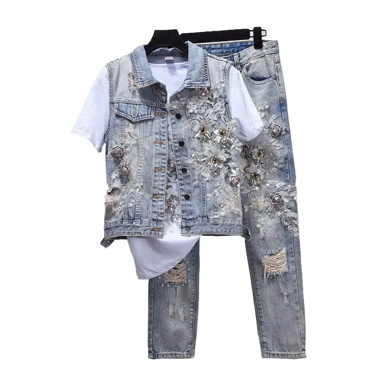 Новый женский джинсовый костюм Denimsuit с вышитыми жемчужинами женские джинсы