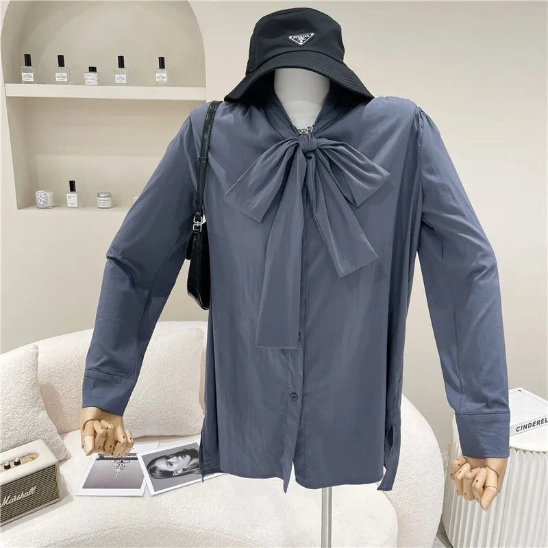 

Loose Bow Neck Shirts for Women Office Lady Synthetic Fiber Long Sleeve Blouse Long Tops Oversized Tops Mujer 2021