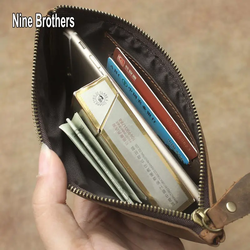 Classci Retro Crazy Horse Leather Men's Zipper Wallet Luxury Clutch Bag Long Wallet Genuine Leather Cowhide Male Phone Purse