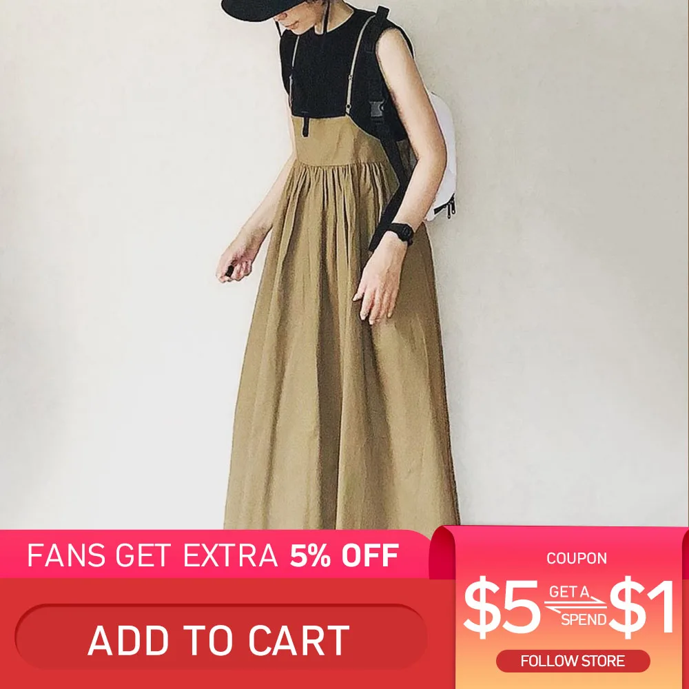 Платье женское однотонное на бретелях свободное повседневное длинное платье в