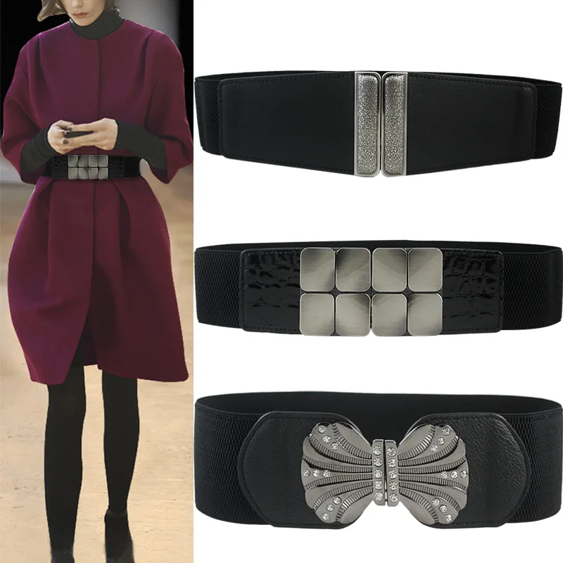 

Hot Sale Long New Elastic Brand Wide Belts Simple Down Coat Waist Belt Female Buckle Black Strap Dress Decoration Accessories