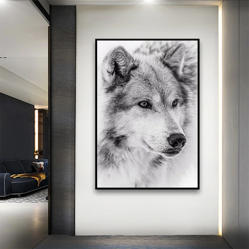 

Modern Minimalism Style Black And White Cool Wolf Poster Animal Canvas Painting Prints Wall Pictures For Living Room Decor