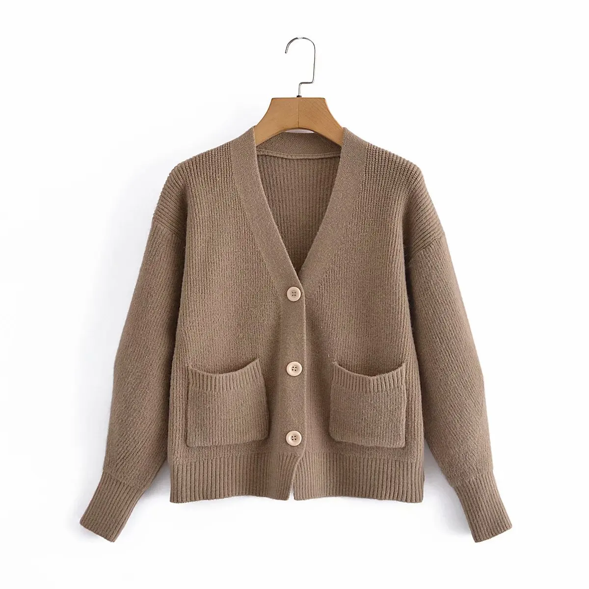 

Woman 2021 Traf Sweaters Tops Autumn Winter Single Breasted Patch Pockets Loose Female Knit Cardigan Chic Pull