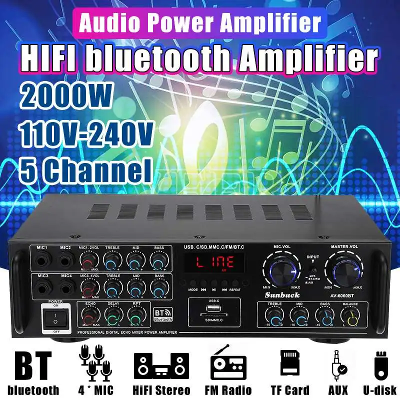 

AV-6060BT Home HIFI Digital Amplifier bluetooth 5.0 Audio Power 800W Car Stereo Amplifier Karaoke Amp Subwoofer 220V 110V 230V