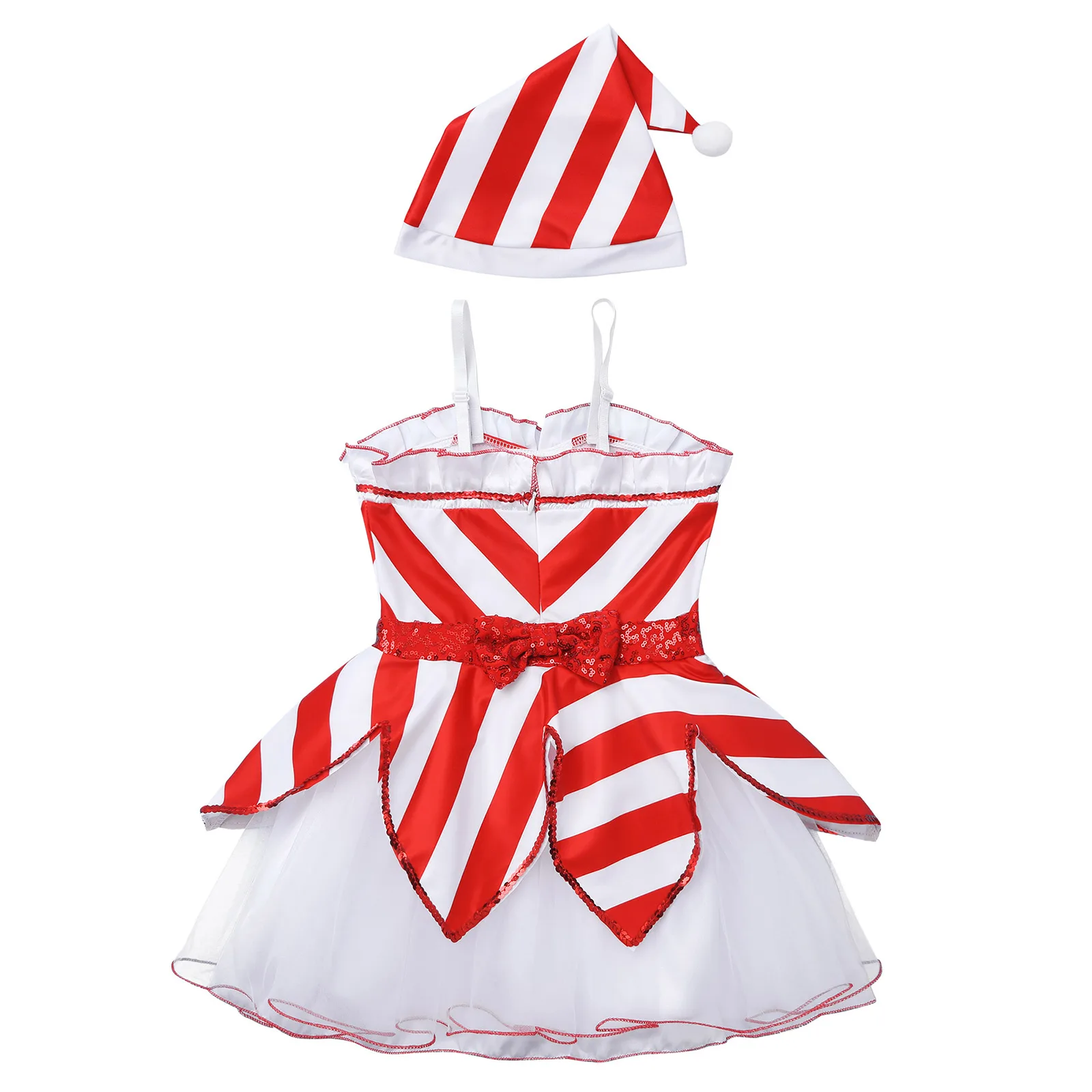 

Kids Girls Christmas Costume Outfit Sleeveless Adjustable Spaghetti Shoulder Straps Sequin Striped Mesh Tutu Dress with Hat Set