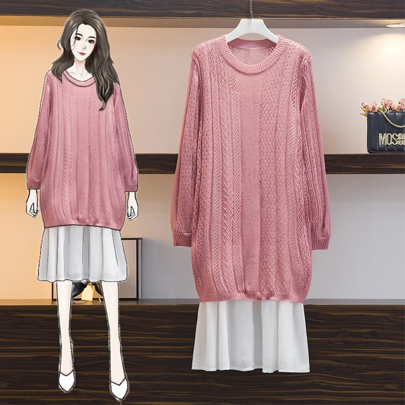 

EHQAXIN Women's Dress Set Fall Winter New Hollow Knitted Loose Sweater Dress + White Sling Dress Two Piece Suit M-4XL