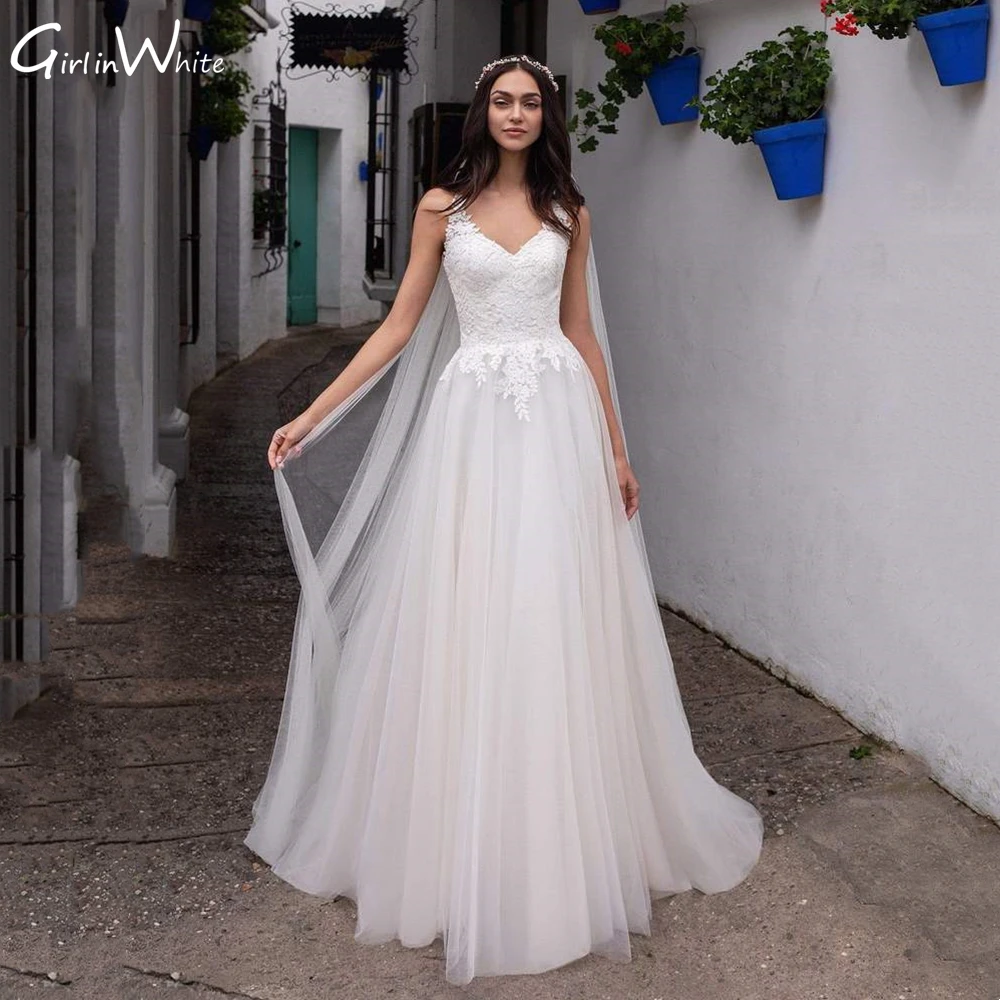 

Romantic Lace A-line Tull Wedding Dress Spaghetti Strap Bride Gown Sweep Train Sweetheart Bridal Robes Vestido De Noiva