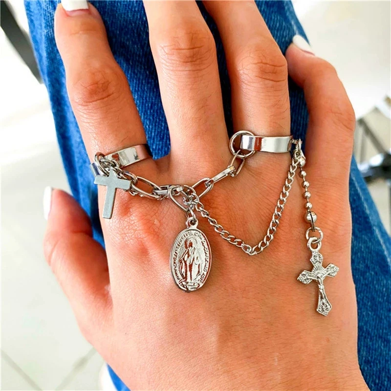 

Punk Cool Hip Pop Rings Multi-layer Adjustable Chain Open Finger Cross Rings Alloy Man Rotate Rings for Women Party Gift