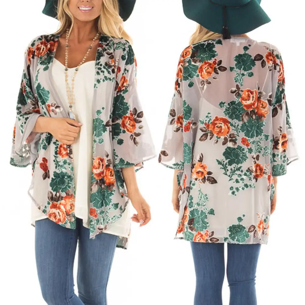 Хит Модный женский шифоновый кардиган кимоно с цветочным принтом 3/4 рукав