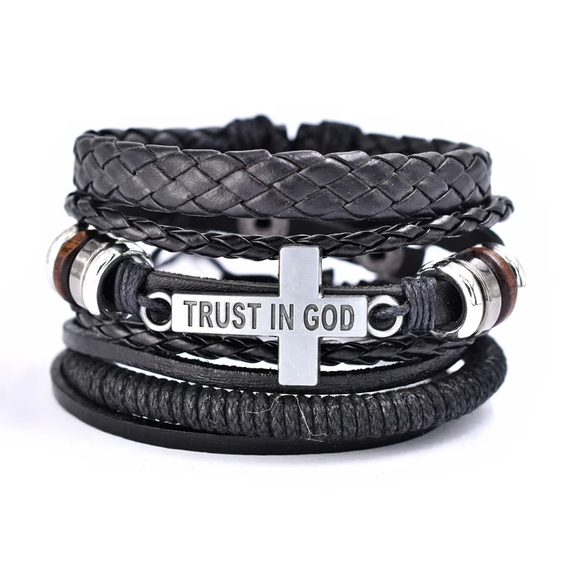 Браслет Trust In God 3 шт./компл. модные черно-коричневые браслеты из натуральной кожи