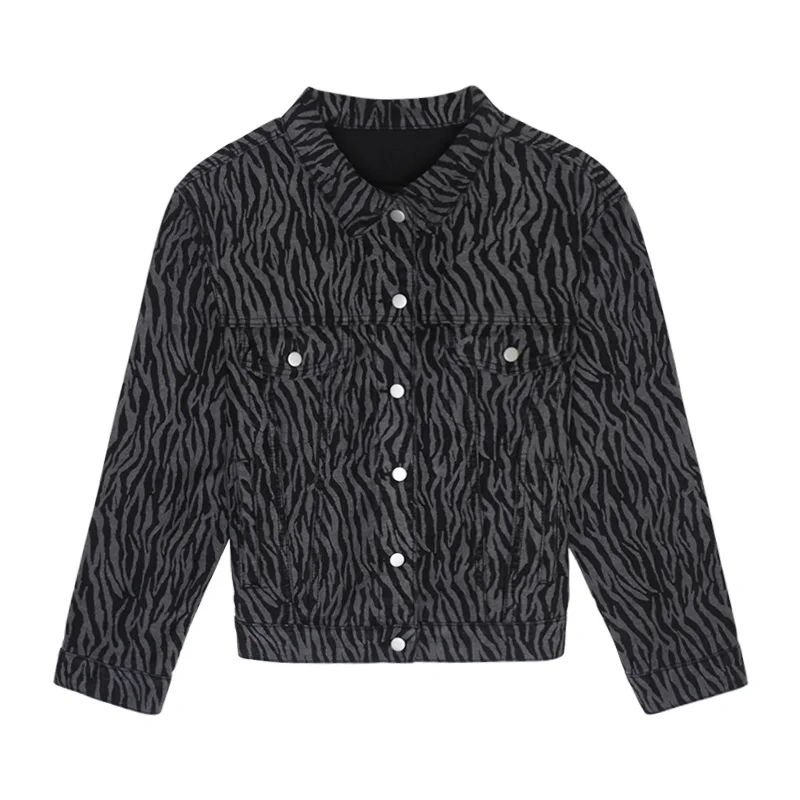 Черное пальто привлекательное джинсовое с принтом зебры Женская свободная