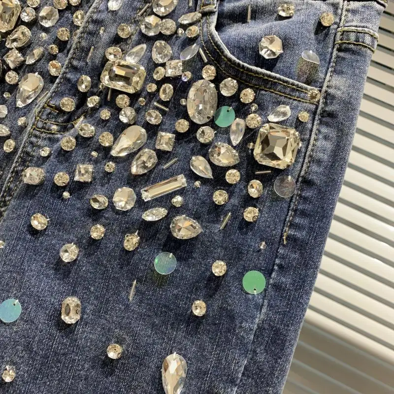 

2020 Autumn New Handmade Large Particle Crystal Beaded Elastic Slim Pencil Pants Blue Jeans Women Fashion Stretch Denim Pants