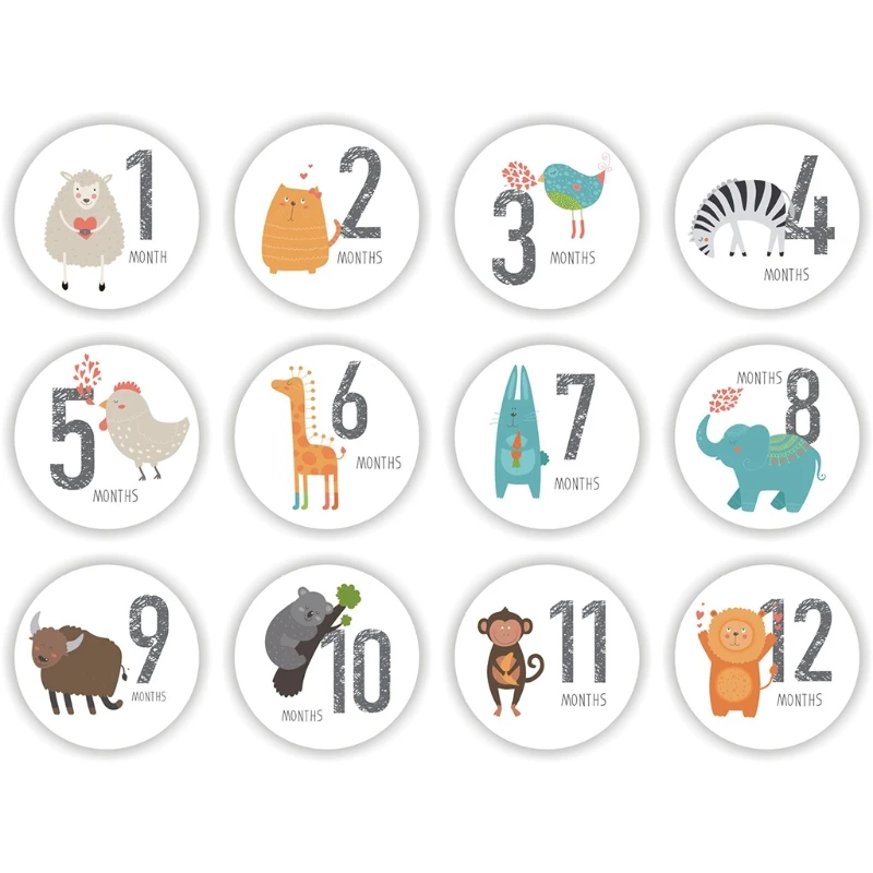 

12 Pcs/Set Baby Pregnant Monthly Stickers Cartoon Animal Memory Recording Milestone Sticker Newborn Photography Props