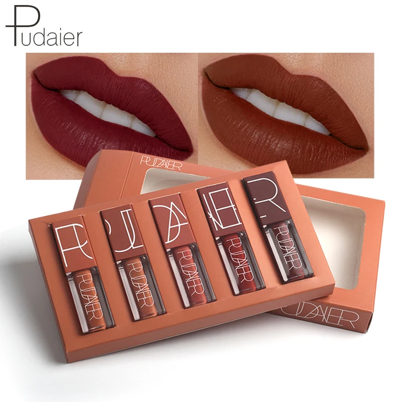 

Набор матовой бархатной жидкой помады Pudaier 5 цветов/коробка, Косметика для макияжа губ, блеск для губ, водостойкая Помада для губ, крем, блеск
